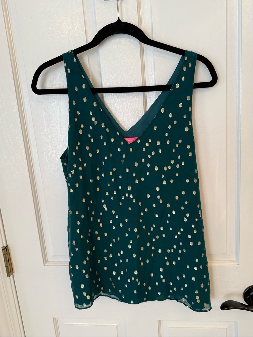 Lilly Pulitzer NWOT Silk Teal Sleeveless V-Neck Tank with Gold Dot Print